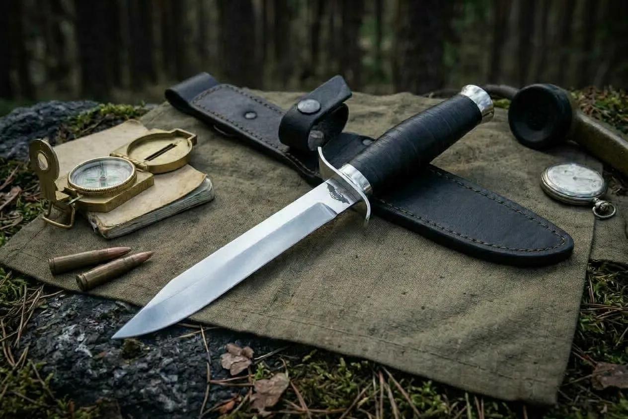 Нож разведчика НР-40, клинок х12мф. Рукоять мельхиор, кожа.